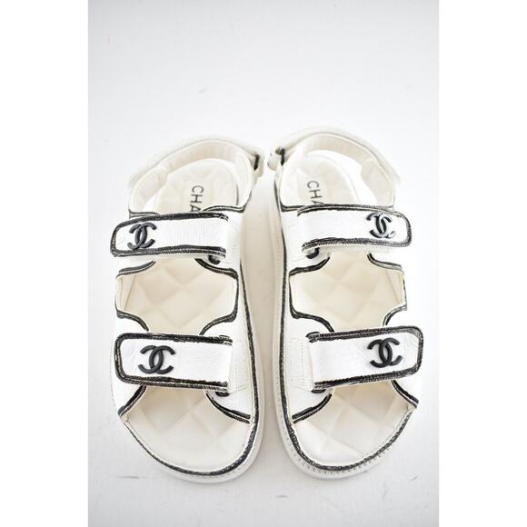 Chanel 22C White Black Graffiti CC Logo Mule Slide Strap Flat Dad Teva Sandal 39 - Picture 8 of 12